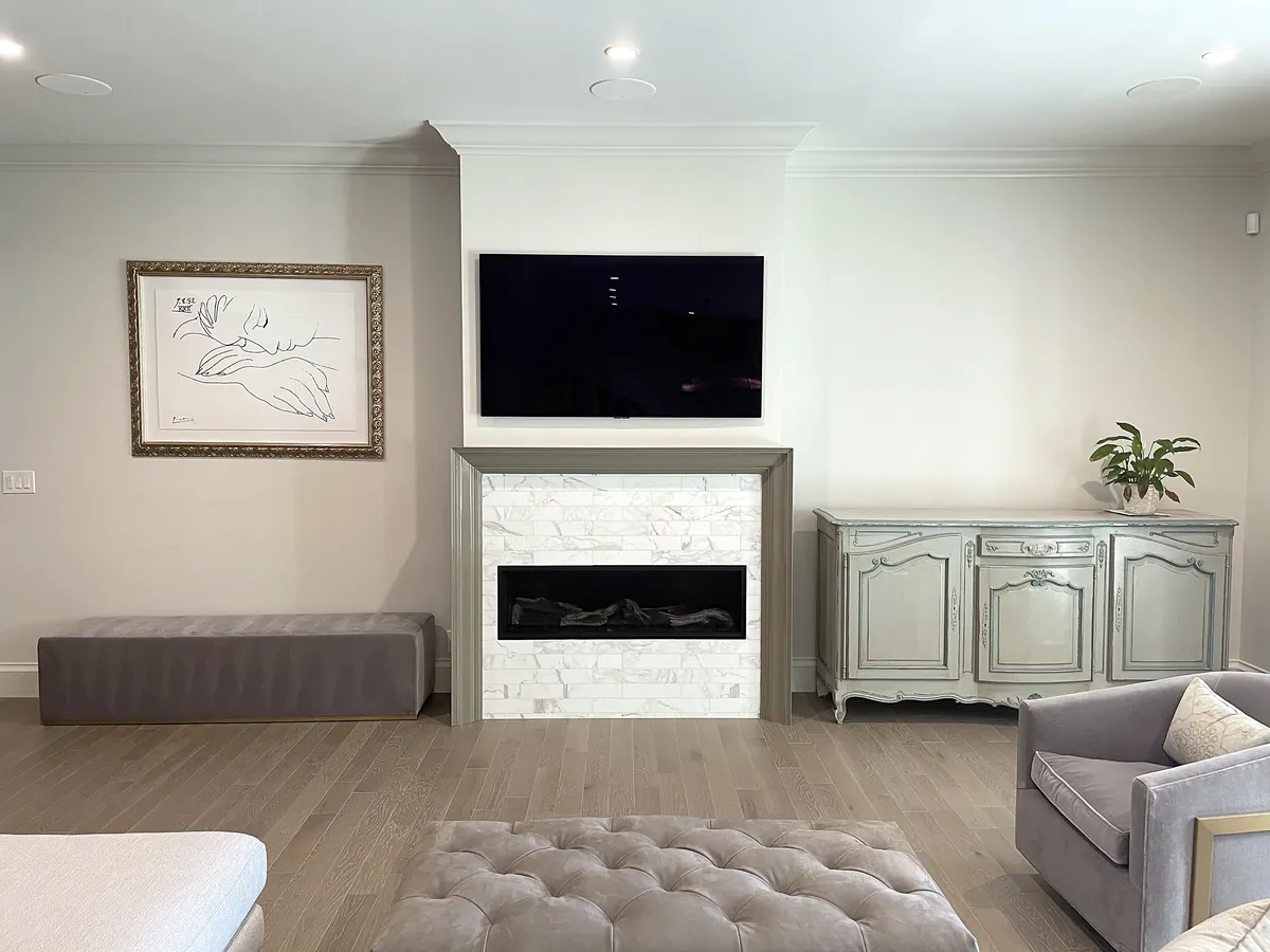 Marble fireplace surround in the family room